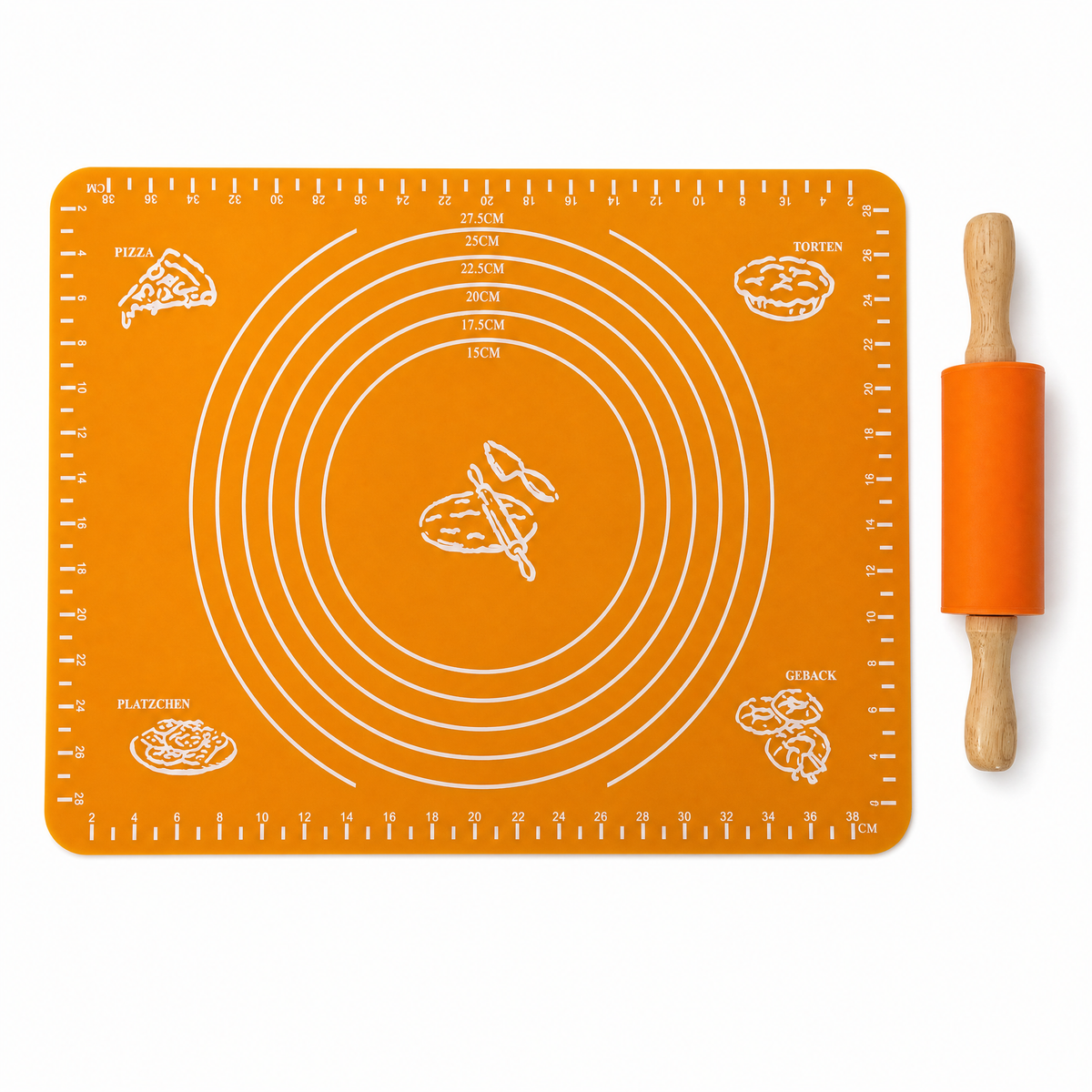 Silicone Dough Rolling Mat 40×30cm with Wooden Handle Rolling Pin Set